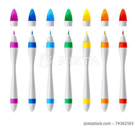 Set of colorful markers. Vector realistic highlighters, felt tip marker or pens collection for design in home, office and school projects, scrapbooks. Children and artist vivid painting tools Set of colorful markers. Vector realistic highlighters, felt tip marker or pens collection for design in home, office and school projects, scrapbooks. Children and artist vivid painting tools 74362565
