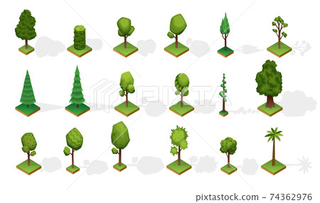 Collection isometric trees with shadow. Various type wood isolated on white background. Green plants elements for isometric landscape public park or garden. Vector icons for infographics or game 74362976
