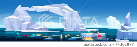 Arctic sea with melting iceberg and plastic trash 74362977