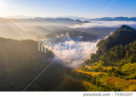 Aerial view of beautiful mountain morning mist 74363267