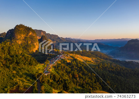 Aerial view of beautiful morning scene of mountain range 74363273