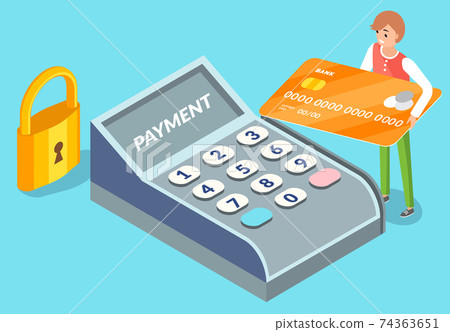 Pos terminal confirms the payment by debit credit card with a tiny man holding payment plastic card Pos terminal confirms the payment by debit credit card with a tiny man holding payment plastic card 74363651