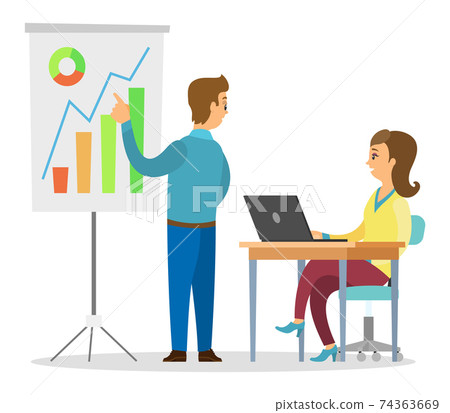 Woman looking at graphs on board sitting at table with laptop, man presenting graphical analysis Woman looking at graphs on board sitting at table with laptop, man presenting graphical analysis 74363669