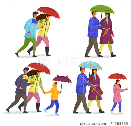 Family walking in the rain with umbrella and wearing raincoats in autumn season isolated on white Family walking in the rain with umbrella and wearing raincoats in autumn season isolated on white 74363889