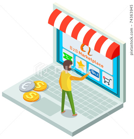 Online store concept. Male buyer selects a product on a store website on a laptop with application Online store concept. Male buyer selects a product on a store website on a laptop with application 74363945