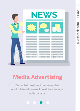 Media advertising online concept. A man is standing with a newspaper with the news in his hands Media advertising online concept. A man is standing with a newspaper with the news in his hands 74364109