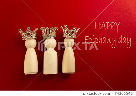 Three wise men figures with crowns on red background and the text Happy Epiphany day. Three wise men figures with crowns on red background and the text Happy Epiphany day. 74365546