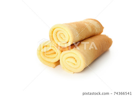 Tasty thin pancakes isolated on white background Tasty thin pancakes isolated on white background 74366541