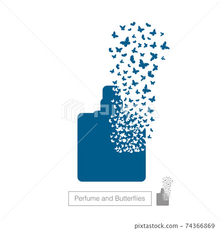 Bottle of perfume with effect of destruction. Dispersion. Butterfly, moth. Butterfly cloud. Spray 74366869