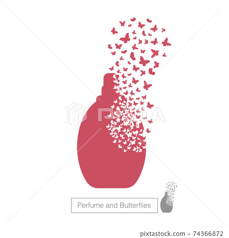 Bottle of perfume with effect of destruction. Dispersion. Butterfly, moth. Butterfly cloud. Spray Bottle of perfume with effect of destruction. Dispersion. Butterfly, moth. Butterfly cloud. Spray 74366872