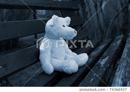 Teddy bear toy sad sitting on the a swing.  74366937