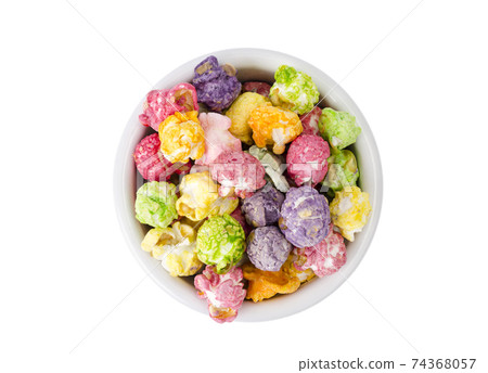 Sweet multicolor caramel Popcorn in white bow 74368057