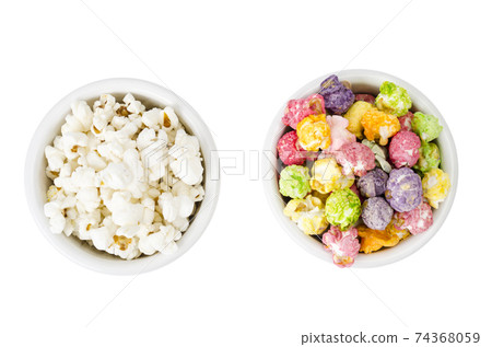 White bowls with different popcorn. Studio Photo 74368059