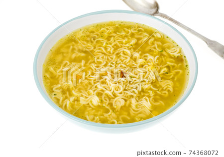 Broth with dry instant noodle. Photo Studio Broth with dry instant noodle. Photo Studio 74368072