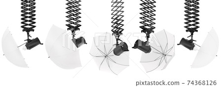 Photography studio flash on ceiling pantograph with umbrella isolated on white. Photography studio flash on ceiling pantograph with umbrella isolated on white. 74368126