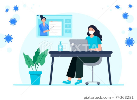 A girl with face mask studies online. Webinar, conference, course, lecture, and training. Online education, e-learning, studying at home. Vector flat illustration. A girl with face mask studies online. Webinar, conference, course, lecture, and training. Online education, e-learning, studying at home. Vector flat illustration. 74368281