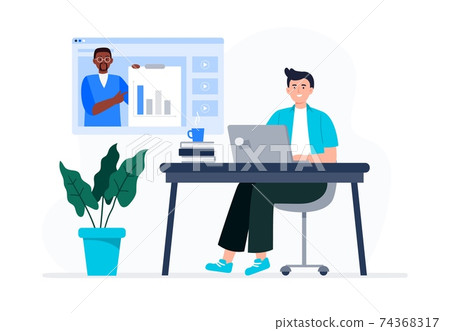 A young man is watching video lessons. Online... - Stock Illustration ...