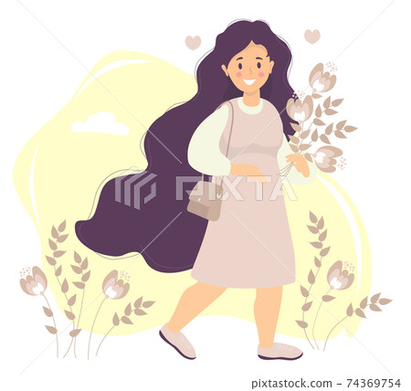 Happy girl with long hair in a pink dress smiles, goes with a bouquet. On the shoulder is a womens bag. On a decorative background with flowers and leaves. Vector illustration. Flat  74369754