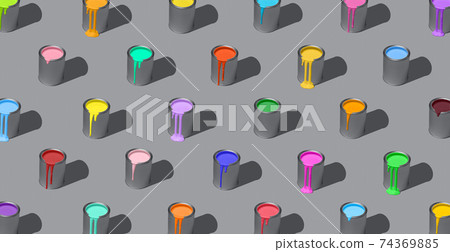 Paint cans in various colors, pattern, on gray background. Multi-colored paint, full-frame 74369885