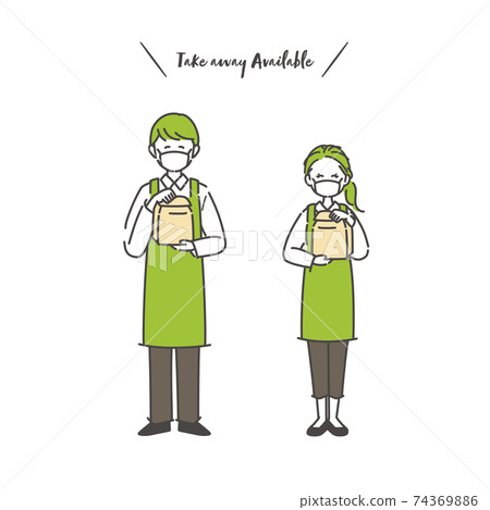 Illustration material of a male and female clerk handing a paper bag wearing a mask 74369886