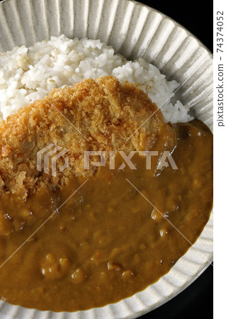 A black background shot of a cutlet curry with a large pork cutlet in the middle (overhead view) 74374052