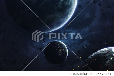 Endless universe, science fiction image, dark deep space with giant planets, hot stars, starfields. Incredibly beautiful cosmic landscape . Elements of this image furnished by NASA 74374774