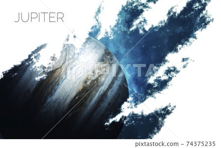 Jupiter. Space style water splash on white background. Creative layout made of nebula with planet of solar system. Elements of this image furnished by NASA Jupiter. Space style water splash on white background. Creative layout made of nebula with planet of solar system. Elements of this image furnished by NASA 74375235