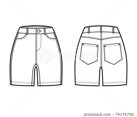Denim short pants technical fashion illustration with mid-thigh length, normal waist, high rise, curved 5 pockets. 74376706
