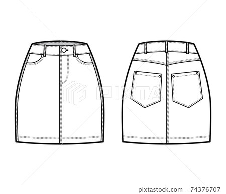 Denim skirt technical fashion illustration with mini length, normal waist, high rise, curved and angled pockets. Flat 74376707