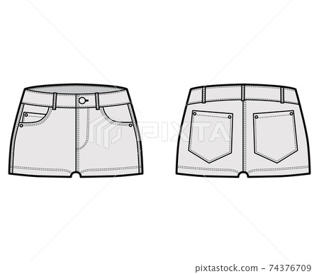 Denim hot short technical fashion illustration with micro length, curved, coin, angled 5 pockets, low rise waist. Flat 74376709
