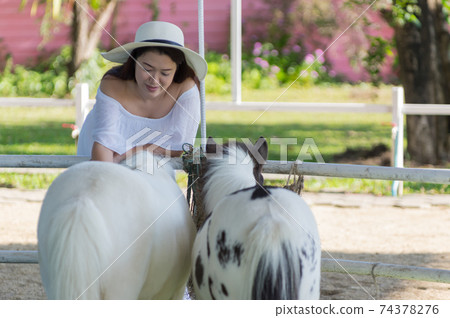 Relaxing with dwarf horse. 74378276