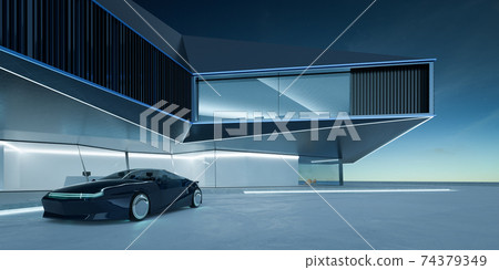 EV concept car park in front of modern building EV concept car park in front of modern building 74379349