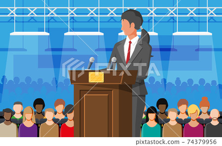 Orator speaking from tribune. Public speaker. Orator speaking from tribune. Public speaker. 74379956