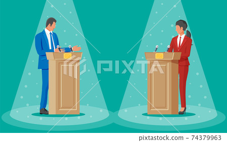 Politics discussing between man and woman Politics discussing between man and woman 74379963