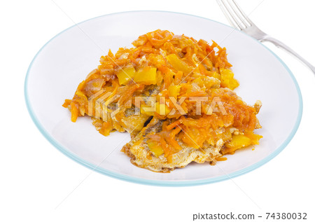 White fish fillet with stewed vegetables. Photo 74380032