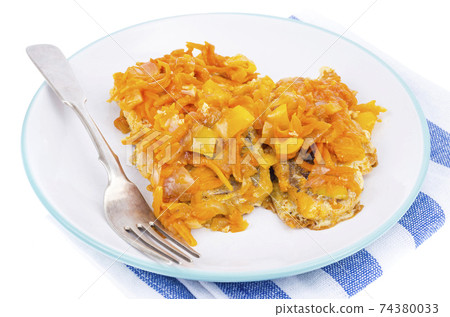 White fish fillet with stewed vegetables. Photo 74380033