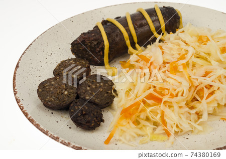 Black sausage with sauerkraut. Studio Photo Black sausage with sauerkraut. Studio Photo 74380169
