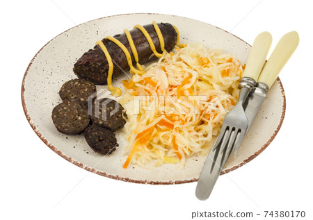 Black sausage with sauerkraut. Studio Photo Black sausage with sauerkraut. Studio Photo 74380170