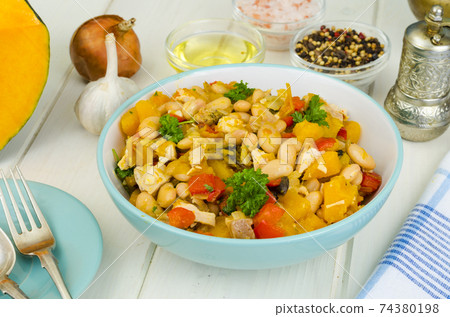 Stewed vegetables with pumpkin, meat and beans Stewed vegetables with pumpkin, meat and beans 74380198