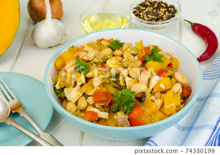 Stewed vegetables with pumpkin, meat and beans Stewed vegetables with pumpkin, meat and beans 74380199