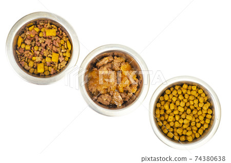 Metal bowls with different pet foods. Photo Metal bowls with different pet foods. Photo 74380638