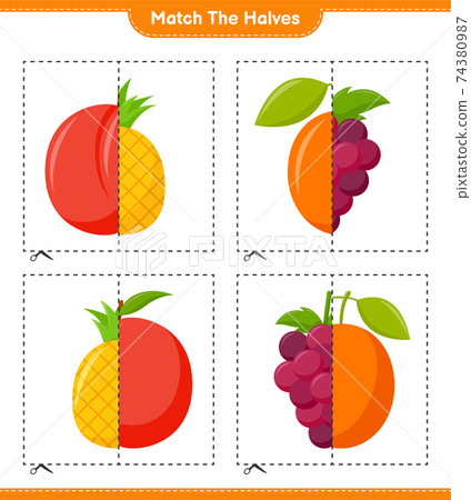 Match the halves. Match halves of Fruits. Educational children game, printable worksheet, vector illustration 74380987