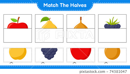 Match the halves. Match halves of Fruits. Educational children game, printable worksheet, vector illustration 74381047