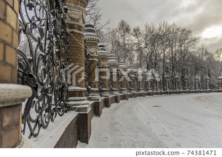 Mikhailovsky garden fence in St. Petersburg in winter 74381471