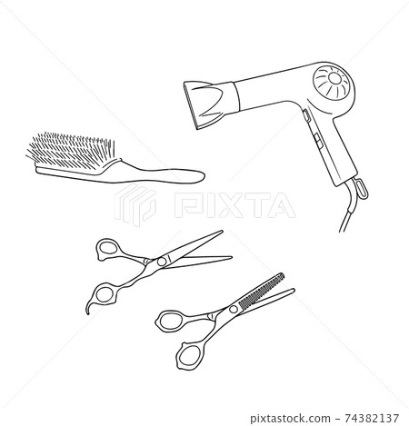 Illustration set of hair dryer, hairbrush, cut scissors (white background, vector, cutout, line art) 74382137