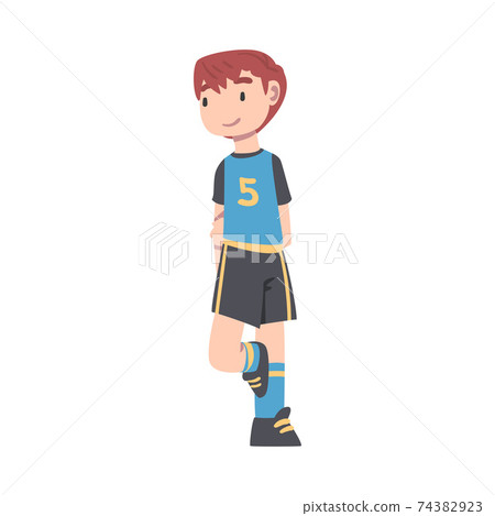 Cute Kid Soccer Player Character, Boy in Black and Blue Sports Uniform Playing Football on School Sports Field Cartoon Style Vector Illustration Cute Kid Soccer Player Character, Boy in Black and Blue Sports Uniform Playing Football on School Sports Field Cartoon Style Vector Illustration 74382923
