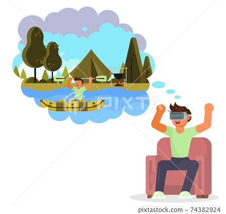 Young man in vr glasses rafting on virtual inflatable boat sitting in armchair at home flat vector isolated illustration Young man in vr glasses rafting on virtual inflatable boat sitting in armchair at home flat vector isolated illustration 74382924