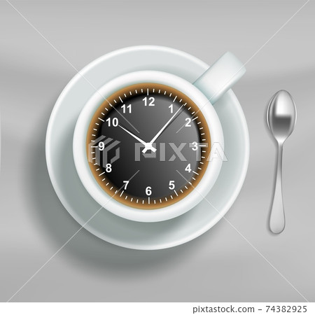 Time to drink coffee vector poster, banner design template. Cup of coffee with clock on saucer, top view illustration. Time to drink coffee vector poster, banner design template. Cup of coffee with clock on saucer, top view illustration. 74382925