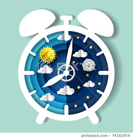 Paper cut craft style clock with day and night sky on dial, vector illustration. Sleep wake cycle. Circadian rhythm. 74382959
