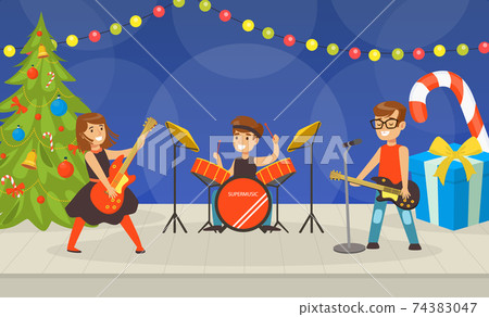 Kids Playing Music and Singing on Christmas Holidays, Child Music Band Performing on Stage Cartoon Vector Illustration Kids Playing Music and Singing on Christmas Holidays, Child Music Band Performing on Stage Cartoon Vector Illustration 74383047